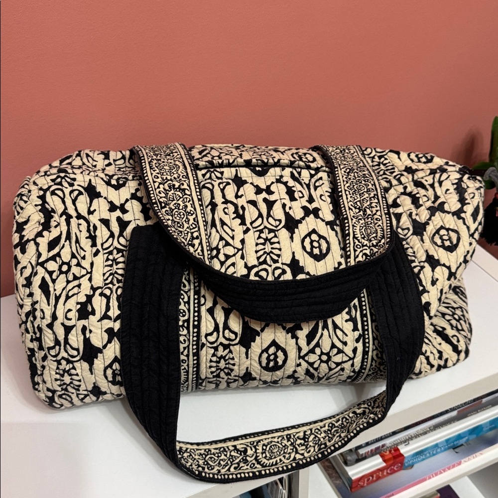 World Market Black and Cream Quilted Tote Bag